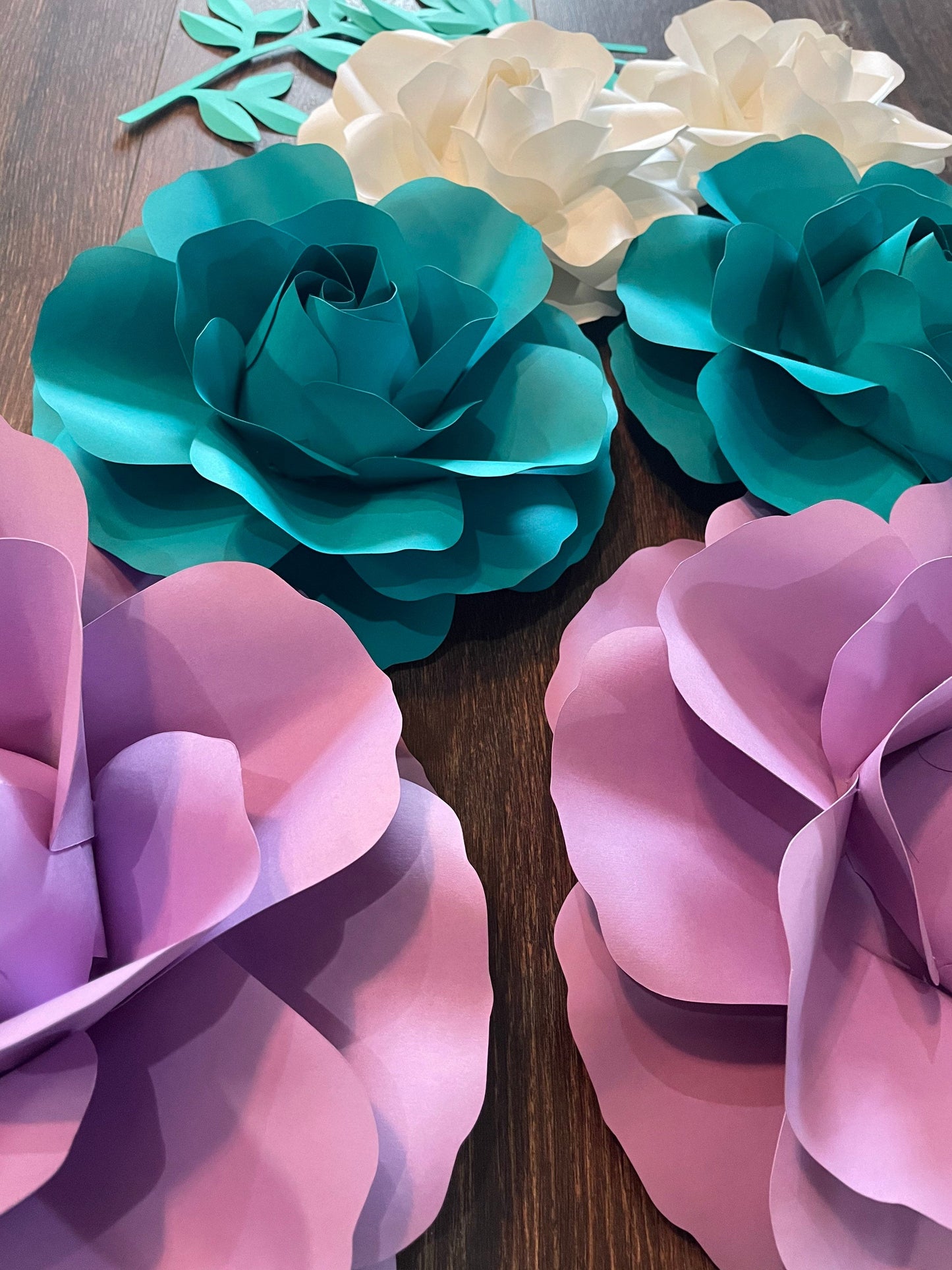Purple teal and white set of paper flowers for baby nursery